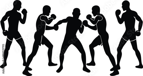 Set of Boxing Player Motion Fighting Boxer Black Silhouette Vector Illustration