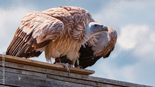 Gyps himalayensis, himalayan griffon vulture, standing on a base on a sunny day in summer photo