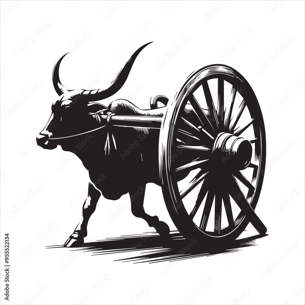 Fototapeta premium bullock cart wheel silhouette vector With White Background