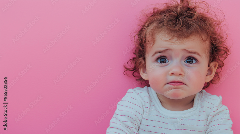 Adorable baby girl with sad expression posing on pink background Adorable baby girl with sad expression posing on pink background