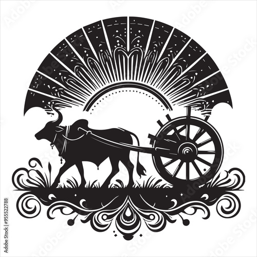 bullock cart wheel silhouette vector With White Background