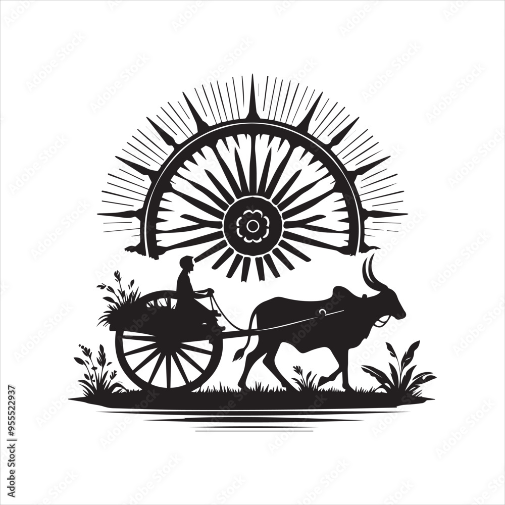 Fototapeta premium bullock cart wheel silhouette vector With White Background
