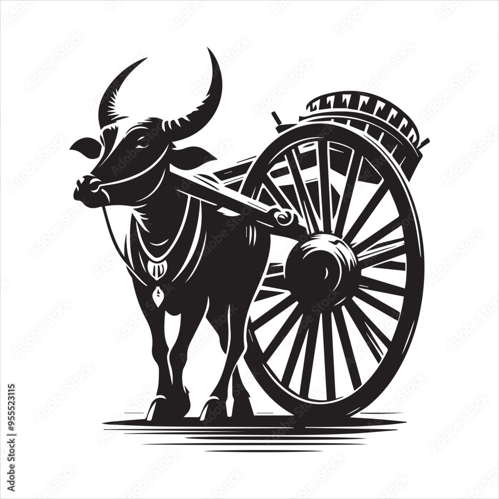 Fototapeta premium bullock cart wheel silhouette vector With White Background