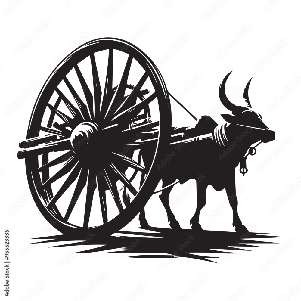 Fototapeta premium bullock cart wheel silhouette vector With White Background