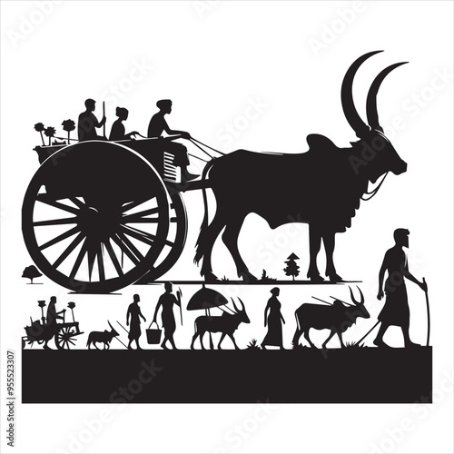 bullock cart wheel silhouette vector With White Background
