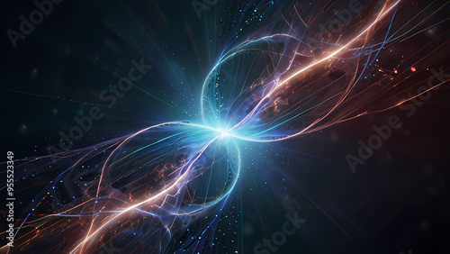 An ethereal abstract background illustrating the concept of ionization, with glowing negative and positive ions swirling in a misty atmosphere, connected by subtle lines of force