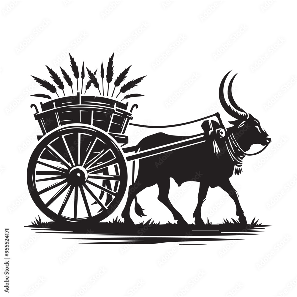 Fototapeta premium bullock cart wheel silhouette vector With White Background