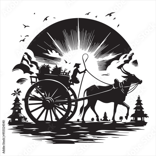 bullock cart wheel silhouette vector With White Background