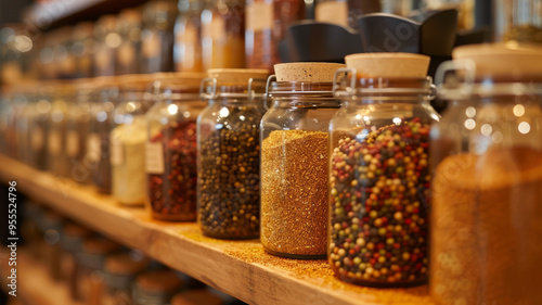 Fototapeta Naklejka Na Ścianę i Meble -  Assorted spice jars on a wooden shelf in a kitchen