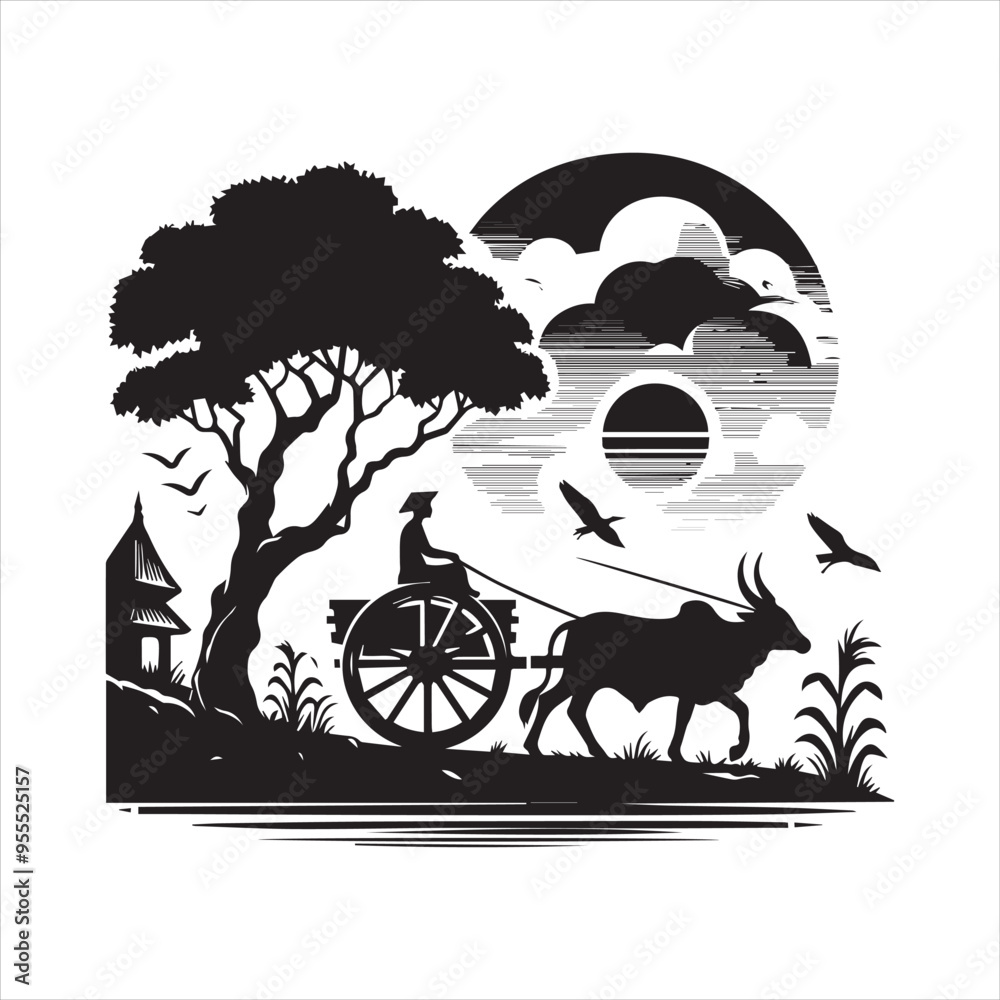 Fototapeta premium bullock cart wheel silhouette vector With White Background