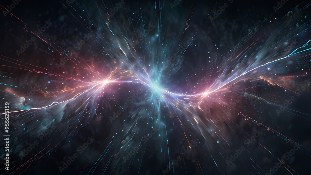 Fototapeta premium An ethereal abstract background illustrating the concept of ionization, with glowing negative and positive ions swirling in a misty atmosphere, connected by subtle lines of force