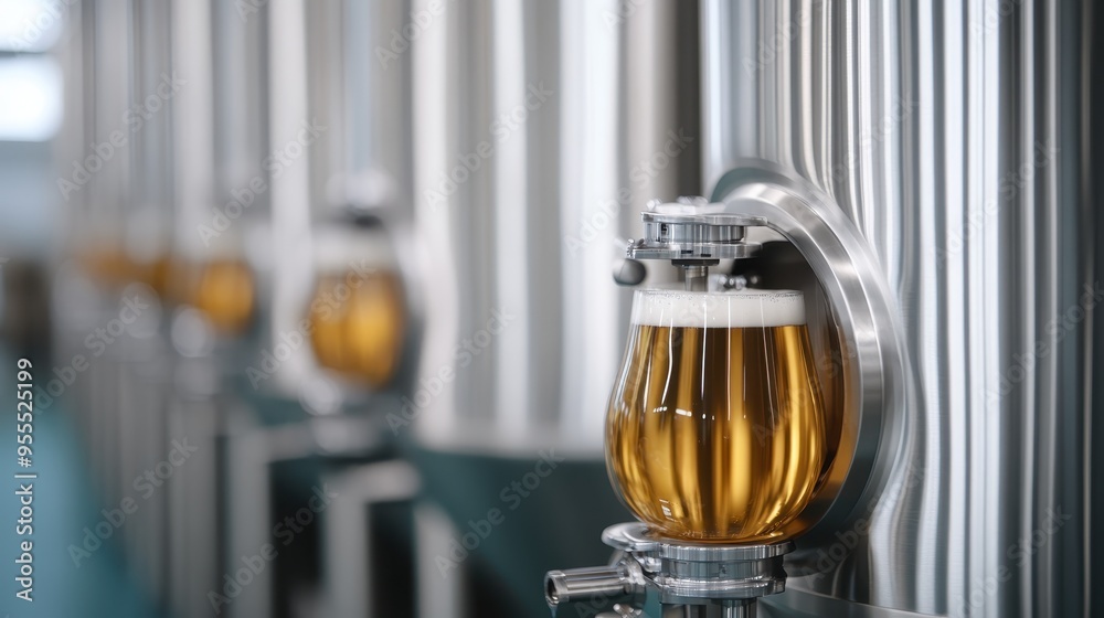 A row of freshly poured beer glasses in a modern brewery, with stainless steel tanks in the background, showcasing a clean and contemporary brewing environment. A row of freshly poured beer glasses in a modern brewery, with stainless steel tanks in the background, showcasing a clean and contemporary brewing environment.