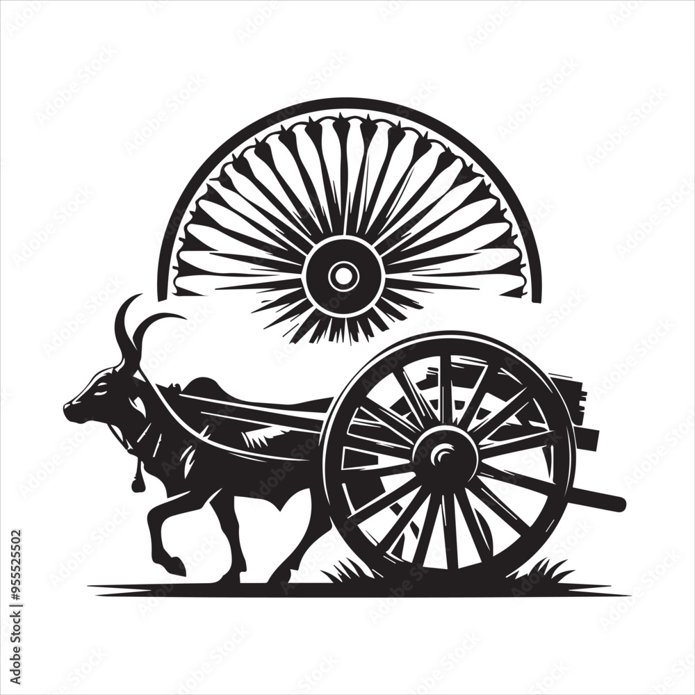 Fototapeta premium bullock cart wheel silhouette vector With White Background