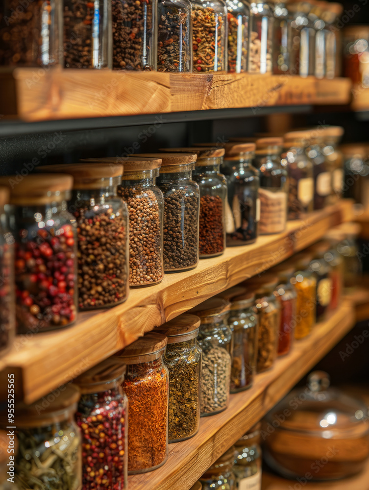 Various spices in glass jars on wooden shelves in a pantry. Various spices in glass jars on wooden shelves in a pantry.