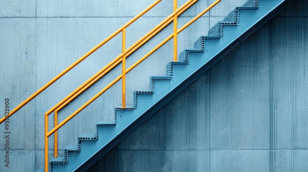 A steep, industrial staircase featuring vibrant yellow railings set against a muted blue concrete wall, embodying a blend of urban architecture and modern design aesthetics. A steep, industrial staircase featuring vibrant yellow railings set against a muted blue concrete wall, embodying a blend of urban architecture and modern design aesthetics.