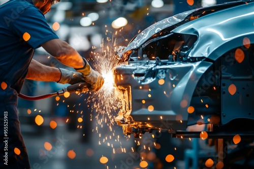 Modern car repair service  expert welding on vehicle body after collision in bright workshop setting