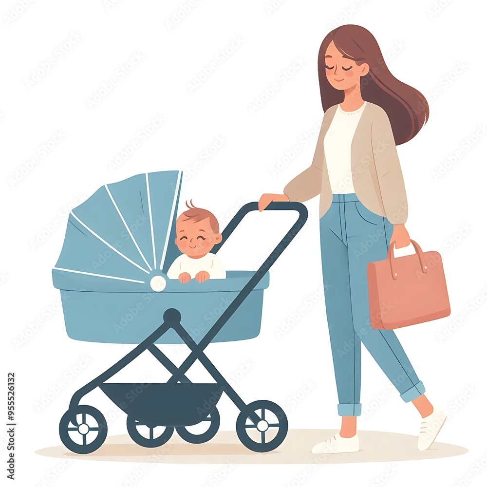 Mother with a baby stroller, flat style illustration, white background, isolated, pastel colors, postcard Mother with a baby stroller, flat style illustration, white background, isolated, pastel colors, postcard