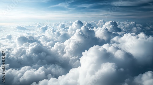 An aerial view above the clouds presenting a picturesque realm of fluffy cloud formations against a vast sky, encapsulating the majesty of nature and serene stillness.