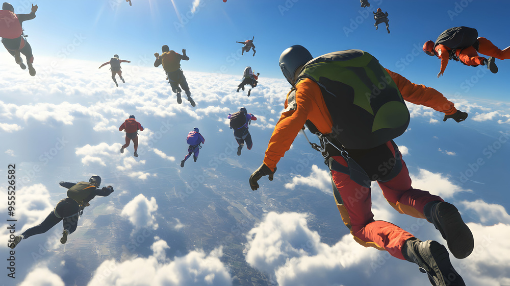 Skydivers in formation with open parachutes and a view of fluffy clouds ...