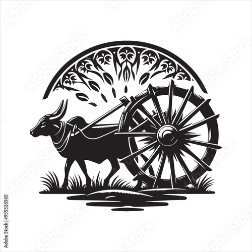 bullock cart wheel silhouette vector With White Background