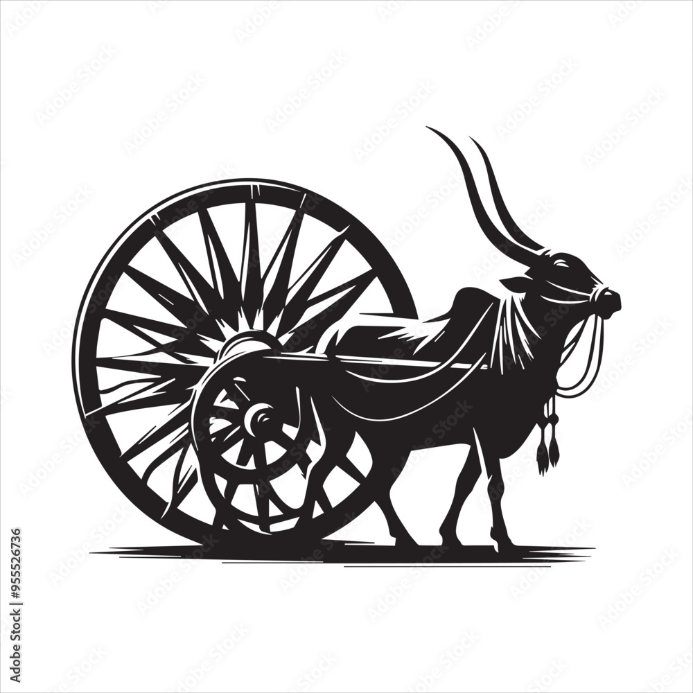 Fototapeta premium bullock cart wheel silhouette vector With White Background