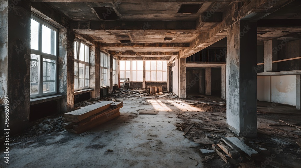 Interior View of a Building Under Construction: Exposed Framework and Raw Concrete Floors. Interior View of a Building Under Construction: Exposed Framework and Raw Concrete Floors.
