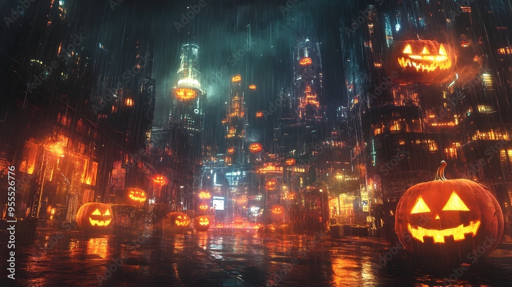 Obraz premium Dystopian City with Flickering Neon Jack o lanterns and Towering Megastructures on a Rainy Night