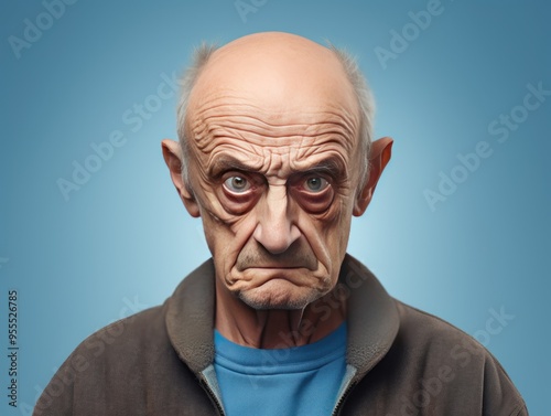 Blue background sad european white man grandfather realistic person portrait older person beautiful bad mood old man Isolated on Background 