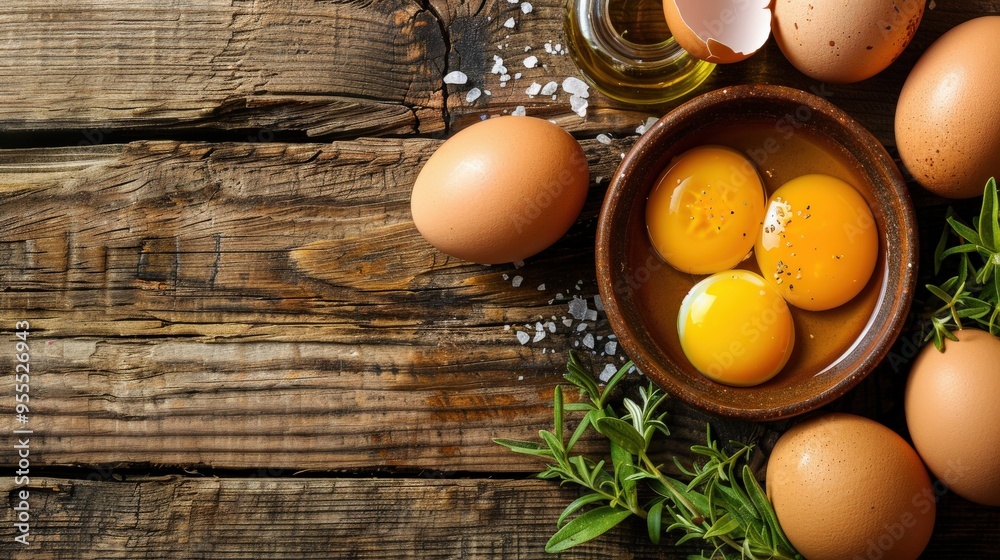 Brown eggs, cracked shells with three raw egg yolks in bowl, surrounded by sprigs rosemary, coarse salt on rustic wooden table, earthy tones natural textures, freshness and simplicity ingredients. Brown eggs, cracked shells with three raw egg yolks in bowl, surrounded by sprigs rosemary, coarse salt on rustic wooden table, earthy tones natural textures, freshness and simplicity ingredients.