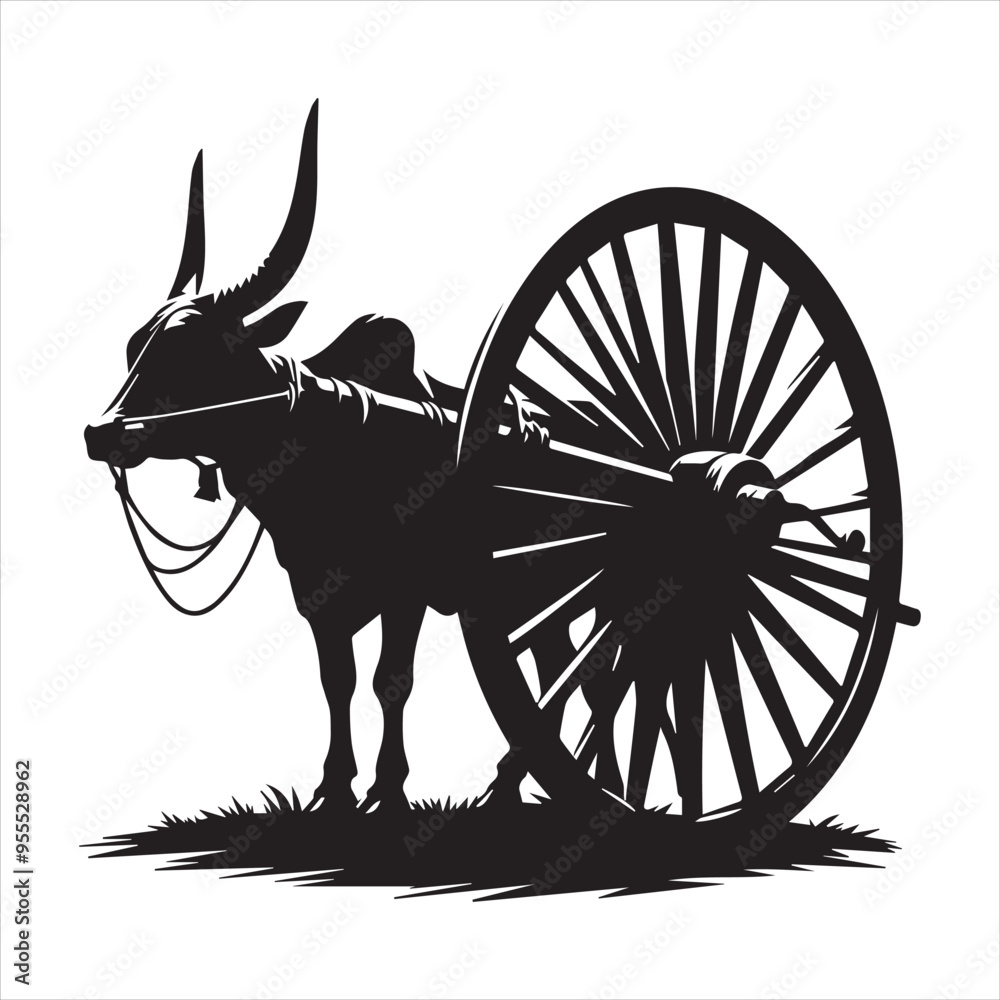 Fototapeta premium bullock cart wheel silhouette vector With White Background