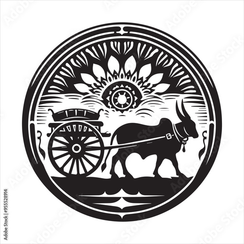 bullock cart wheel silhouette vector With White Background