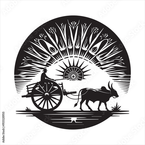 bullock cart wheel silhouette vector With White Background