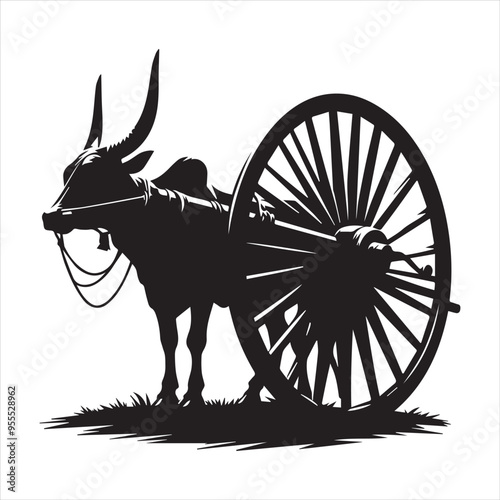 bullock cart wheel silhouette vector With White Background