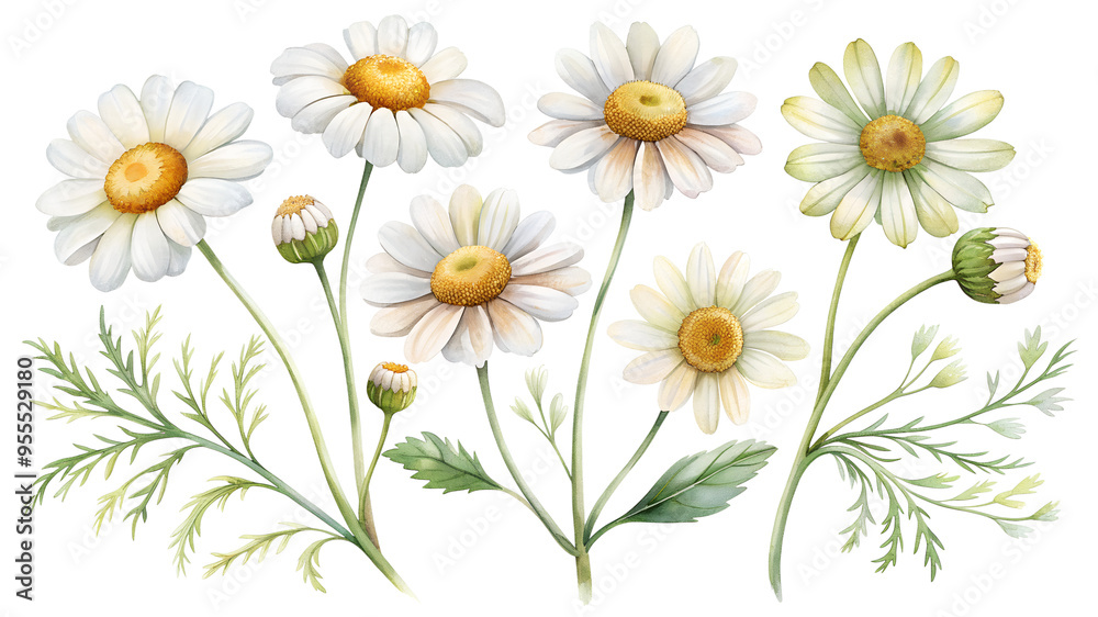Fototapeta premium Clipart set: white daisy flowers. The set is perfect for invitations, open, packaging design, branding and other creative projects.