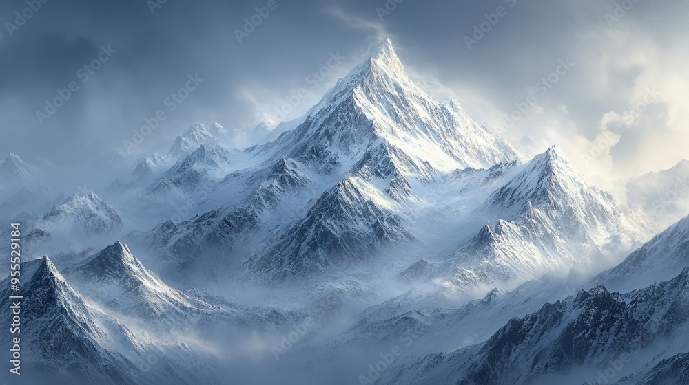 Obraz premium Majestic snow-capped mountain peaks rise above misty valleys, showcasing the beauty of nature's untouched landscapes.
