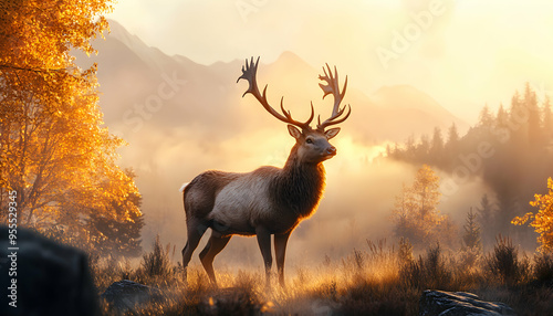 Majestic stag with large antlers stands in a foggy forest at sunrise, golden light.