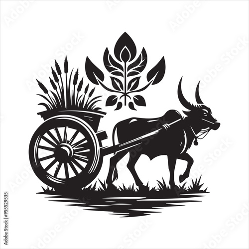 bullock cart wheel silhouette vector With White Background