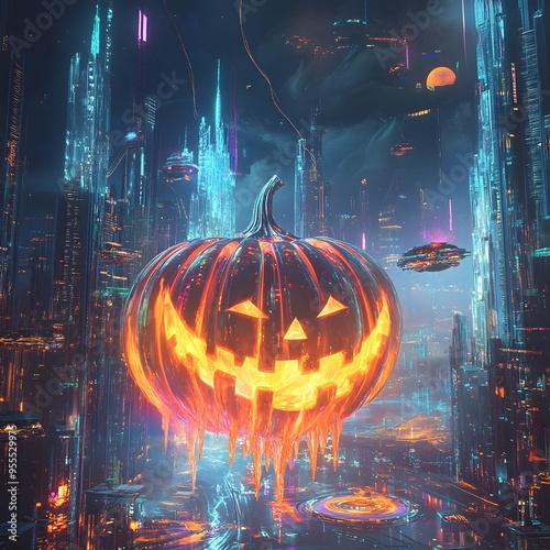 Floating crystalline jack o  lantern with swirling chromatic flames in futuristic neo Tokyo photo