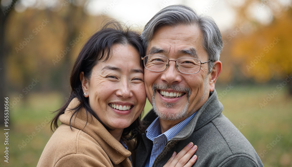 A middle-aged Asian couple happily smiling A middle-aged Asian couple happily smiling