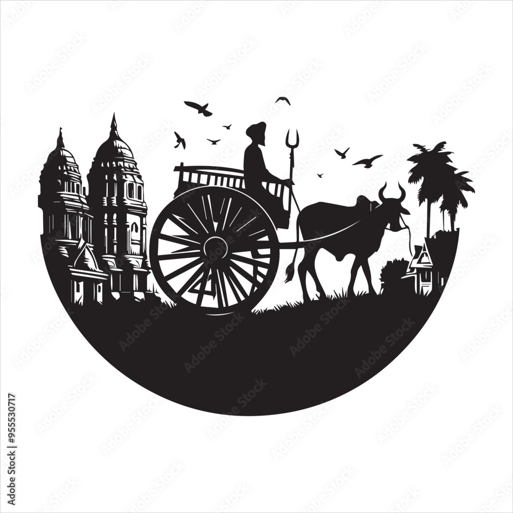 Fototapeta premium bullock cart wheel silhouette vector With White Background