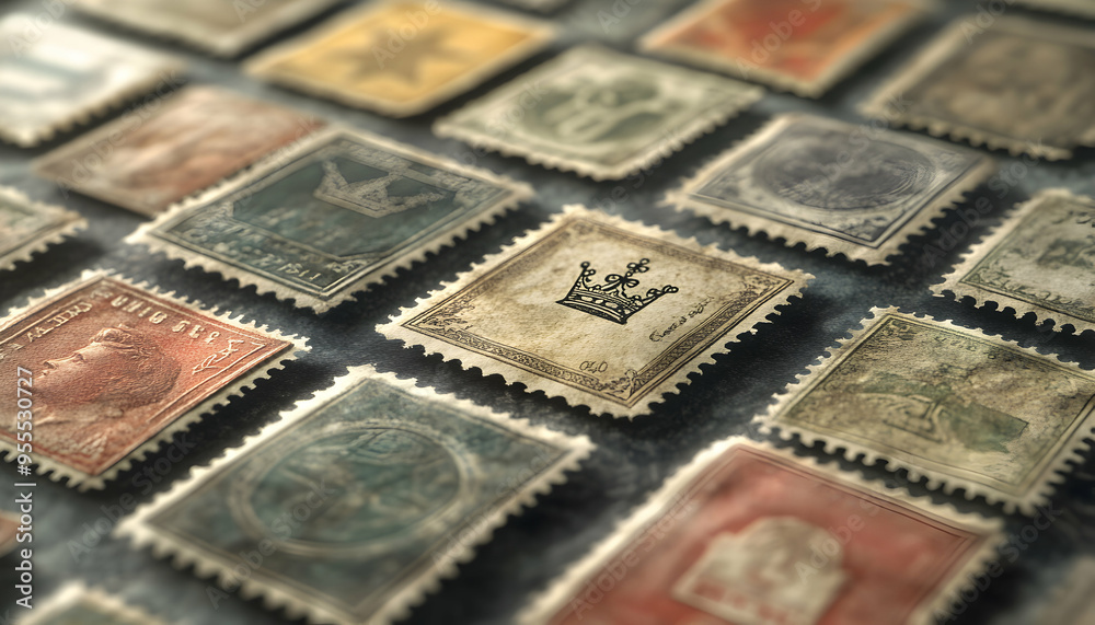Naklejka premium A close-up shot of a collection of vintage postage stamps, focusing on a stamp with a crown design.