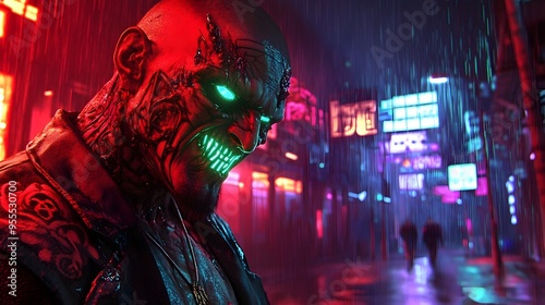 Cybernetically Enhanced Vampire Haunting Neon Drenched Dystopian Streets on Halloween Night photo