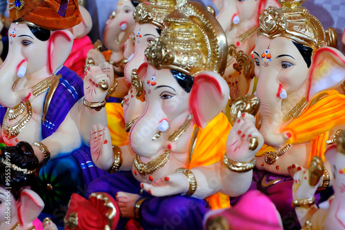 31 August 2024, Pune, India, Ganesha or Ganapati for sale at a shop on the event of Ganesh festival in India, Eco friendly God Ganesha Statue made from clay.