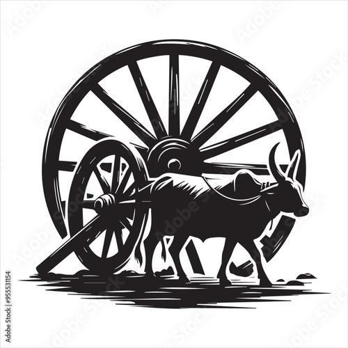 bullock cart wheel silhouette vector With White Background