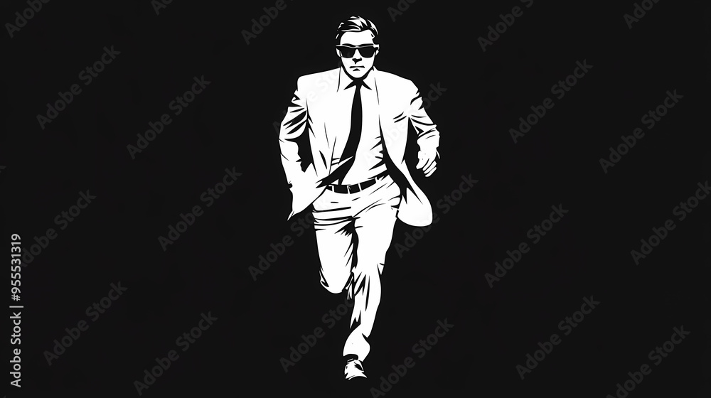 High-Contrast Black and White Stencil Illustration of a Man in a Suit Running Forward, Dynamic Silhouette with Bold Lines, Minimalist Graphic Art Emphasizing Speed and Intensity High-Contrast Black and White Stencil Illustration of a Man in a Suit Running Forward, Dynamic Silhouette with Bold Lines, Minimalist Graphic Art Emphasizing Speed and Intensity