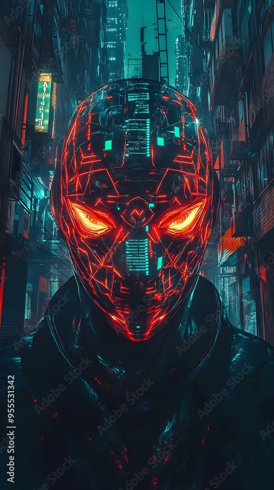 Futuristic Neon Halloween Mask with Holographic Data Projections in Industrial Setting Futuristic Neon Halloween Mask with Holographic Data Projections in Industrial Setting