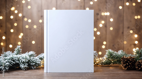Portrait blank book cover template standing against background with Christmas tree. Winter holiday gift mockup holiday promotion. Front view of magazine mockup