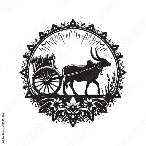 bullock cart wheel silhouette vector With White Background