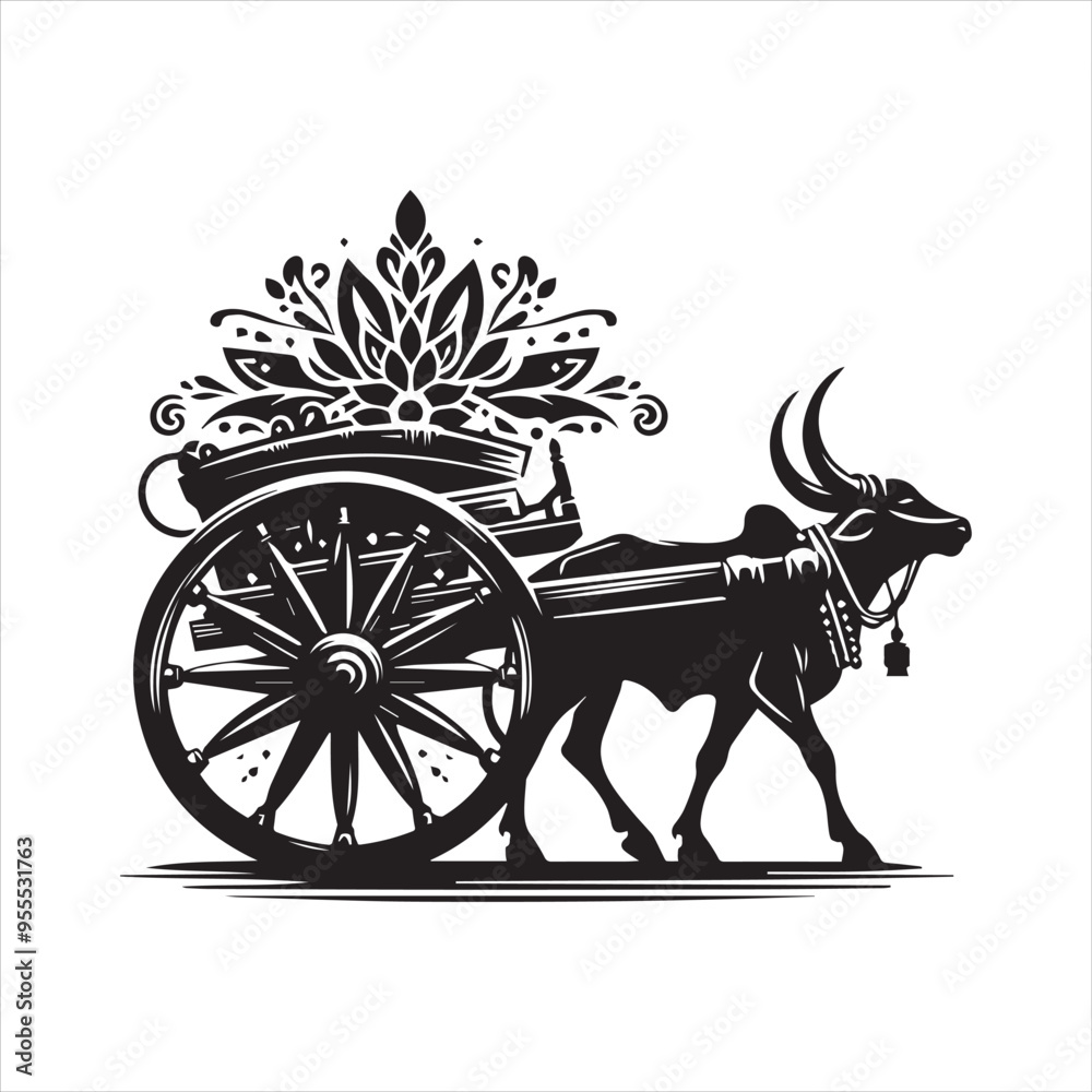 Fototapeta premium bullock cart wheel silhouette vector With White Background