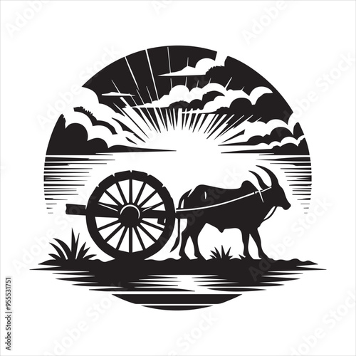 bullock cart wheel silhouette vector With White Background